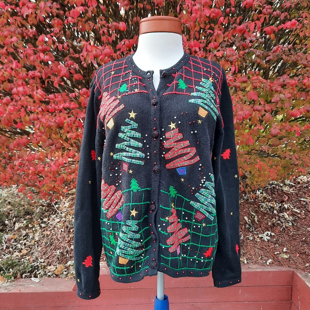 Vintage Ugly Christmas Sweater Tartan Plaid Trees Button Down Cardigan Holiday - Picture 2 of 13